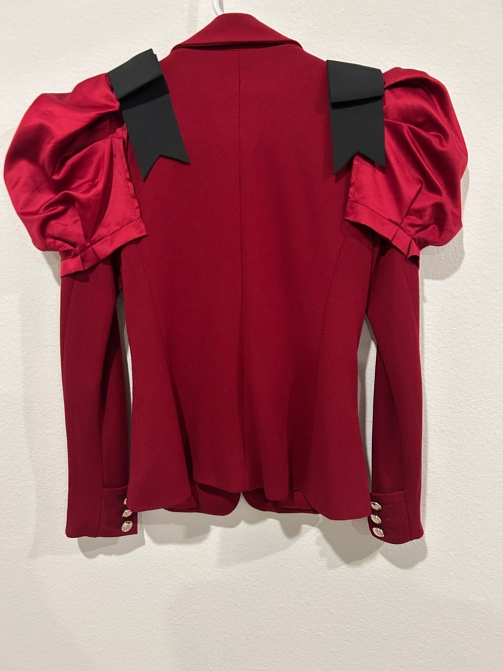Fashion Nova Crimson Red Puff-Sleeve Blazer with Black Bow Accents - Picture 2 of 6